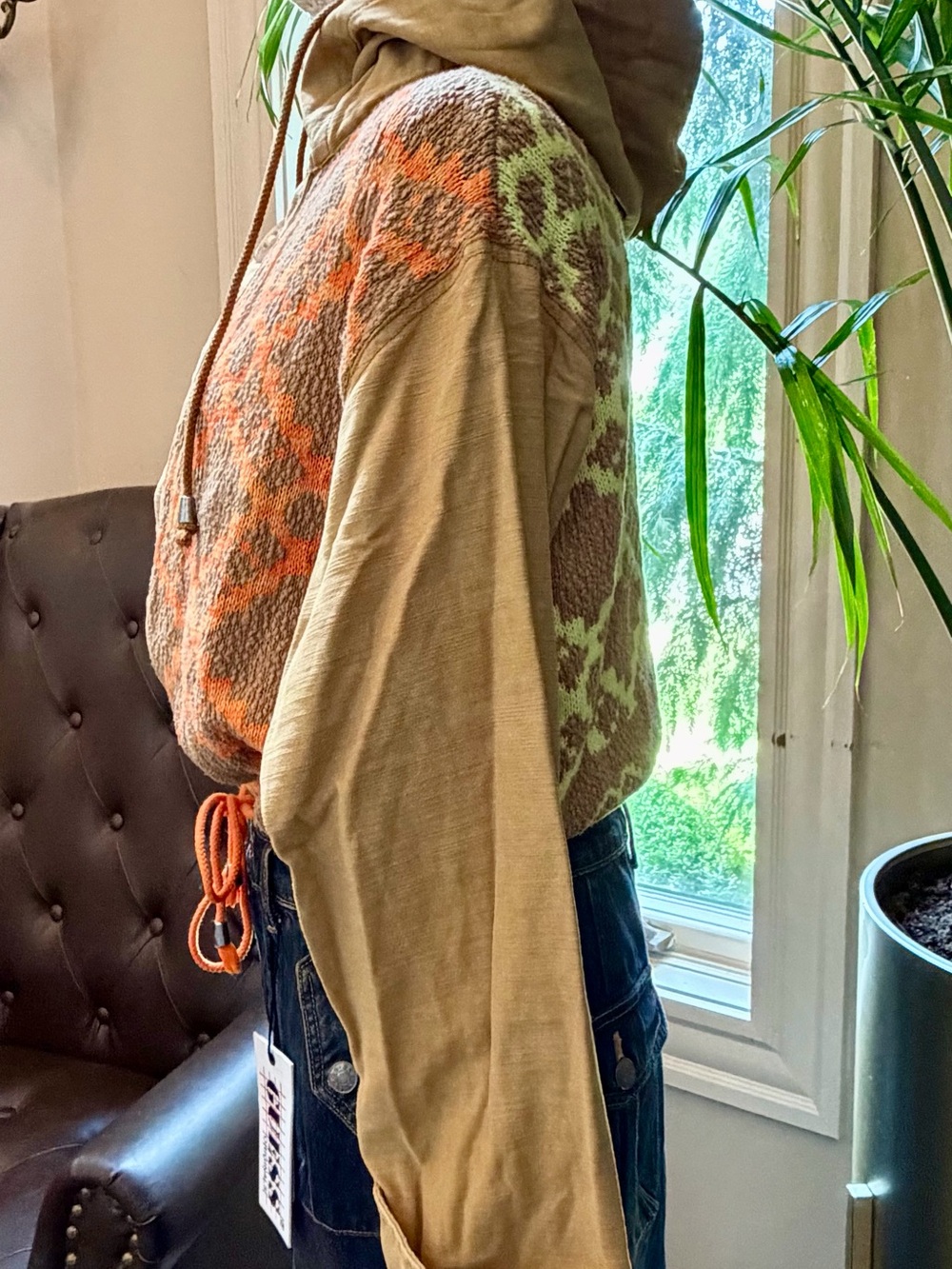 FREE PEOPLE Reno Knit Patchwork Cropped BOHO Jacket Coat Utility Aztec Brown Sm - Picture 7 of 16